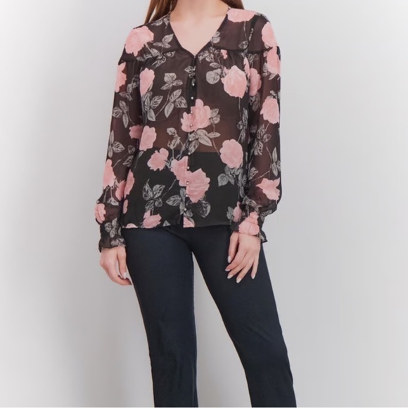 Guess Black and Pink Floral Sheer Long Sleeve Blouse Large - Picture 3 of 10